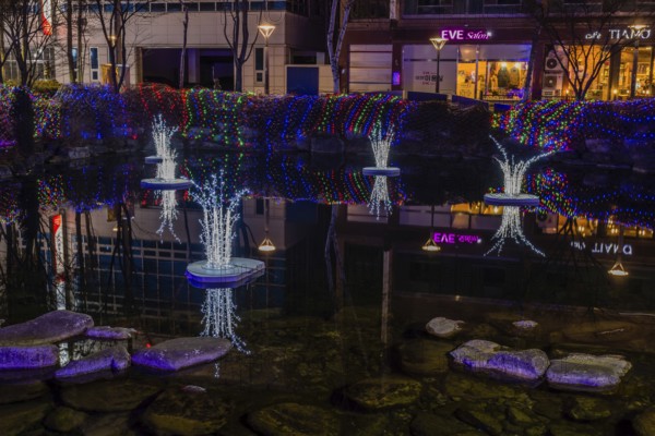 Taebeck, South Korea. January 29, 2019: Night view of light sculptures in pond during winter