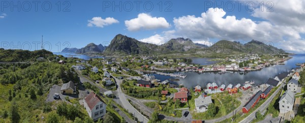 Aerial view, panorama with village view in the middle of lush landscape at the Vestfjord, Sorvagen,