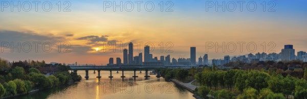 Seoul South Korea, sunrise city skyline of skyscraper at Yeouido and Han River
