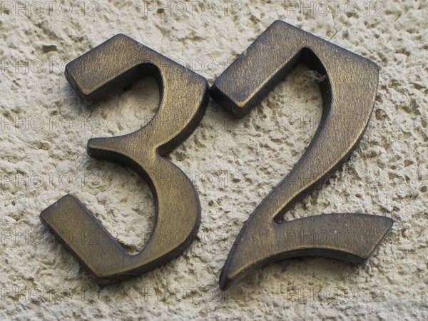House number plate, number 32, digit, anniversary, birthday, North Rhine-Westphalia, Germany,