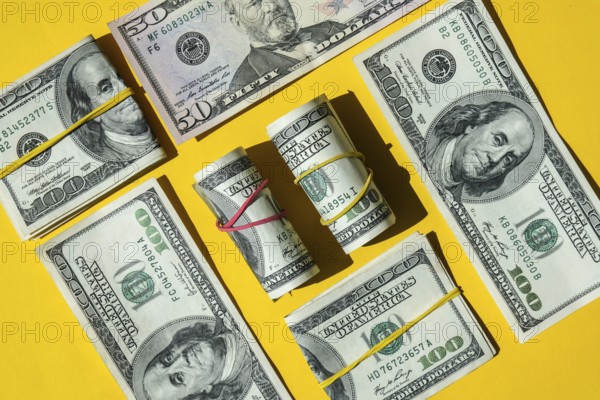 Us dollar bills are creative layout. Business concept, development perspective. Flat lay. Top view.