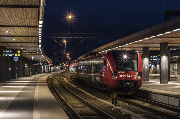 Uppsala, Uppland, Sweden, 07 27 2019 Train waiting at the platform at the Uppsala railwaytation by