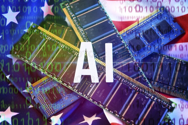 AI lettering on computer chips and USA flag, symbolic photo for the American AI project Stargate,