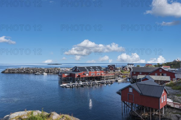 Town centre with Brygga Restaurant, Vestfjord in the background, A i Lofoten, Moskenesoy, Lofoten,