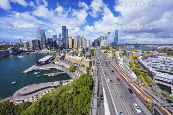 SYDNEY, AUSTRALIA, MARCH 4 2023: The Sydney CBD and surrounding harbour, including Circular Quay