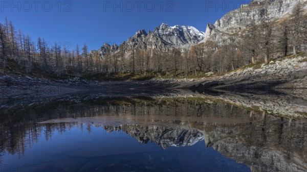 A tranquil mountain lake reflects the surrounding snow-capped mountains and clear blue sky, Lago