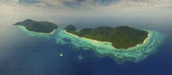 Aerial top panorama view of beauty nature landscape with beach, corals and sea on tropical Koh Rok