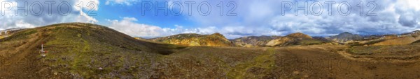 Icelandic volcanic mountain landscape in panorama. Hiking trail laugavegur in Fjallabak. Travel and