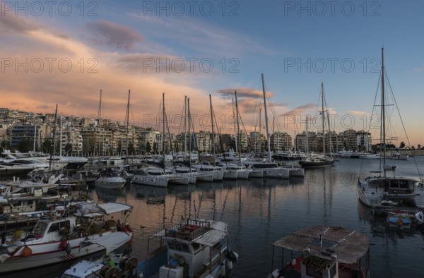 Freattyda, Athens, Greece, 12 28 2019 Golden hour landscape view over the marina of Piraeus with