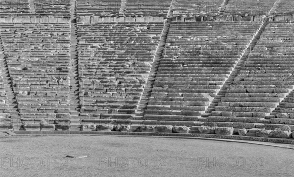 Epidauros, Greece, 9 November, 2022: architectural detail of the stone rows and seats in the