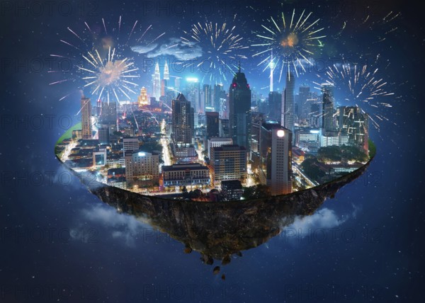 Fantasy island floating in the air with modern city skyline and lake garden, Night scene with