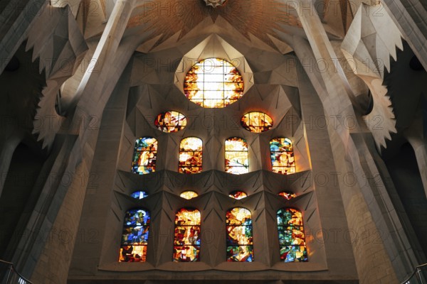 Barcelona, Spain - 15 December 2019: Stained windows from inside the Sagrada Familia in Barcelona,