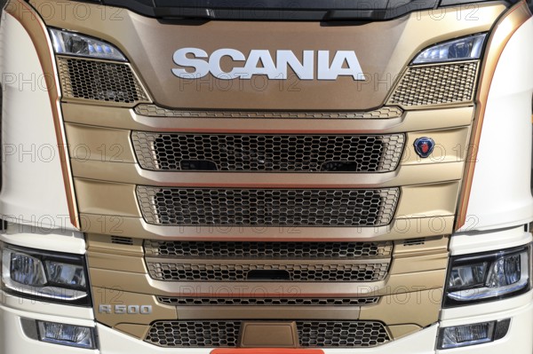 FORSSA, FINLAND, MAY 1, 2017: Detail of Next Generation Scania R500 semi truck front in colors of