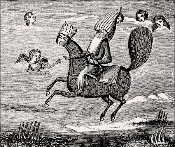 The mythical creature Buraq carried the Islamic prophet Muhammad up in the heavens, Persian
