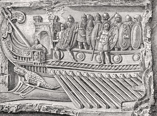 A Roman naval bireme, relief from the Temple of Fortuna Primigenia in Praeneste, ancient Roman