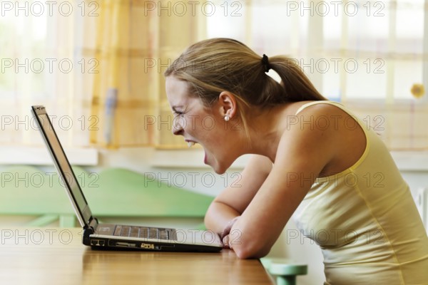 A woman is annoyed with her computer. Problems with hardware, software and internet shopping