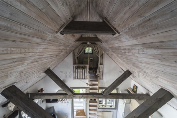 Rensmur, Sala Vastmanland County -Sweden, 08 06 2019: Wooden structure of the ceiling of a