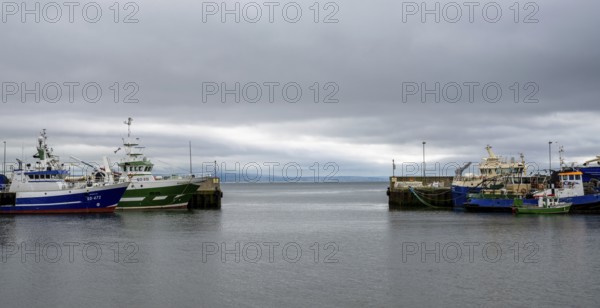 Greencastle, Ireland, 9 July, 2022: colorful fishing boats and trawlers in the sheltered port and