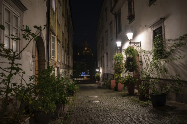 Scenic little Krizevniska alley in Ljubljana illuminated at night, arranged with plants at the