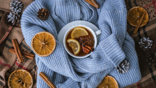 Blue sweater and cup of hot tea with lemon cinnamon sticks and anise star. Dry slices of citrus