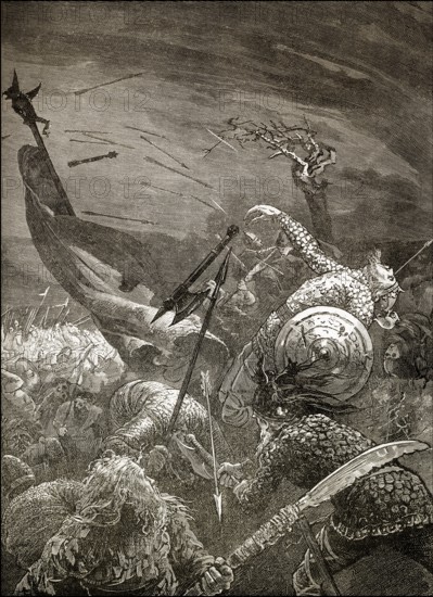 The death of Harold II or Harold Godwinson, c. 1022 - 1066, at the Battle of Hastings, 1066, the