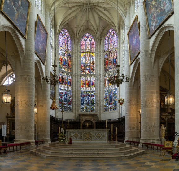 Dole, France, 14 September, 2022: interior view of the altar and central nave of the Collegiale