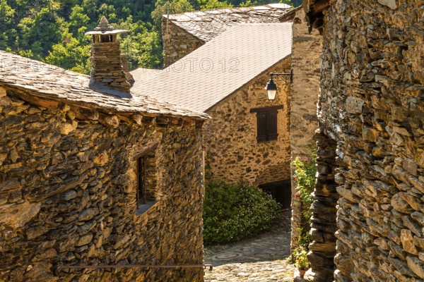 Traditional stone village houses in Evol, French Pyrenees, Pyrenees-Orientales, Occitanie, France,