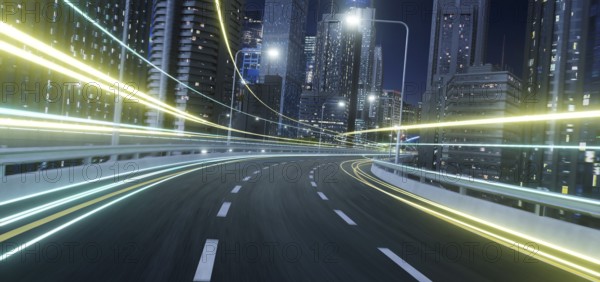 Abstract motion curvy urban road with trail light motion effect applied . Automobile background use