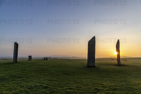 Stones of Stenness Circle and Henge at sunrise, stone circle and henge, Neolithic monument, UNESCO
