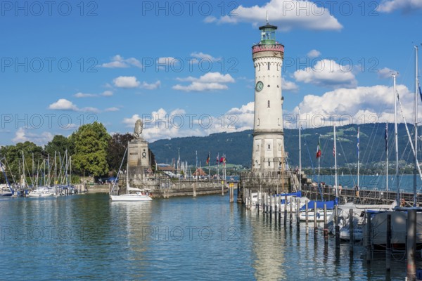 GERMANY, LINDAU - AUGUST 21: view of the lighthouse and a lion statue at the entrance to the port