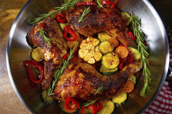 Roasted chicken legs with various vegetables and spices