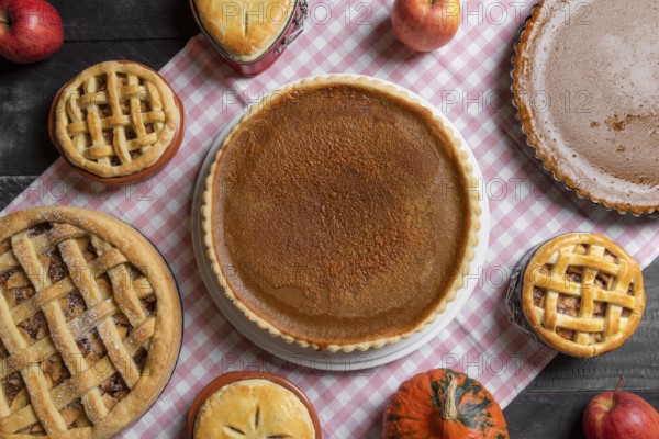 Above view of a table with a pink towel, full of various homemade pies, pumpkin pies, apple pies,