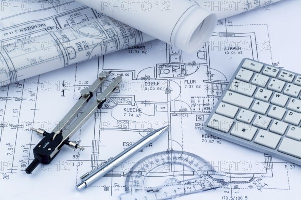 An architect's plan for the construction of a new home. Symbolic photo for financing and planning a
