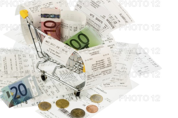 Shopping trolleys, banknotes and receipts, symbolising purchasing power, consumption and inflation