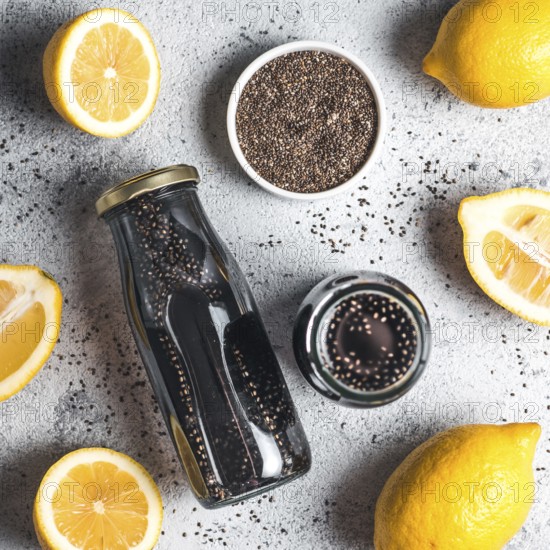 Detox activated charcoal black chia water or lemonade with lemon. Two bottle with black chia