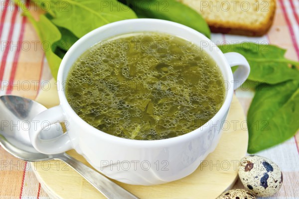 Soup of green nettles, sorrel, spinach, rhubarb leaves on a round wooden board, bread, quail eggs,
