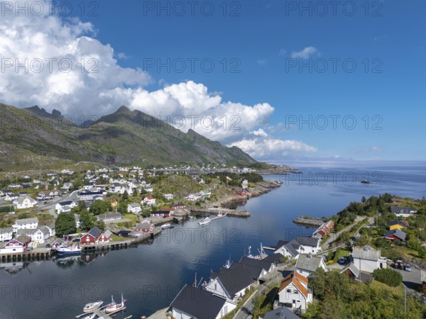 Village scene amidst lush landscape, in the background view of the Vestfjord, Sorvagen, Lofoten,