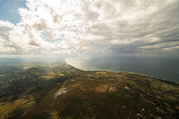 Clouds, sunbeams breaking through clouds, road, swamp landscape, forest, village Mphosa, Lake