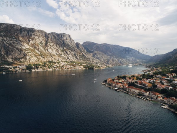 Kotor Bay, photo from a drone, near the city of Prchan. View of the town Dobrota and Kotor, and the
