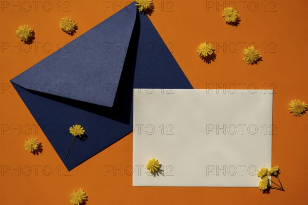 Beautiful little yellow chamomile daisies flowers on postal blue envelope on orange background,