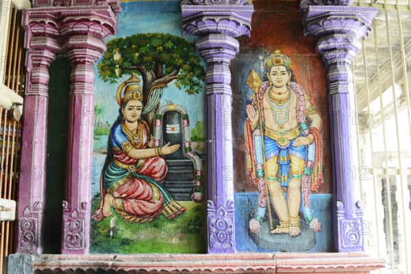 Ekambareshvara Temple, Kanchipuram, Tamil Nadu, Colourful traditional mural of goddess and god in