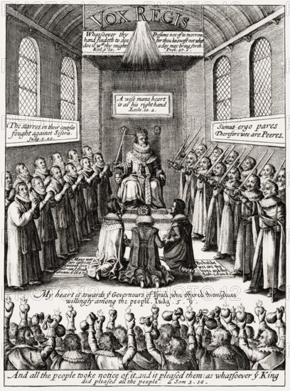 Sitting on the throne in parliament, James VI and I, James Charles Stuart, 1566 – 1625, King of