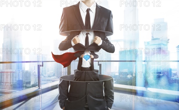Businessman in suit transform to super hero from layer to layer, hard work and successful