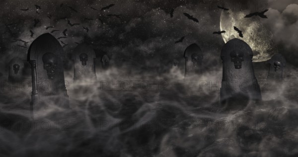 Cemetery At Night With Tombstones With Skulls And Cloudy Sky Full Of Stars in The Background.