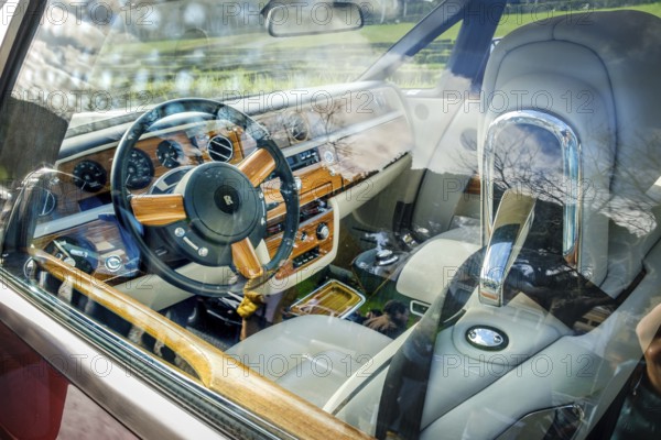Lisbon, Portugal, Jan 20, 2024: Interior of luxury Rolls-Royce Phantom Drophead Coupe car through