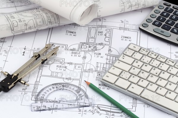 An architect's plan for the construction of a new home. Symbolic photo for financing and planning a