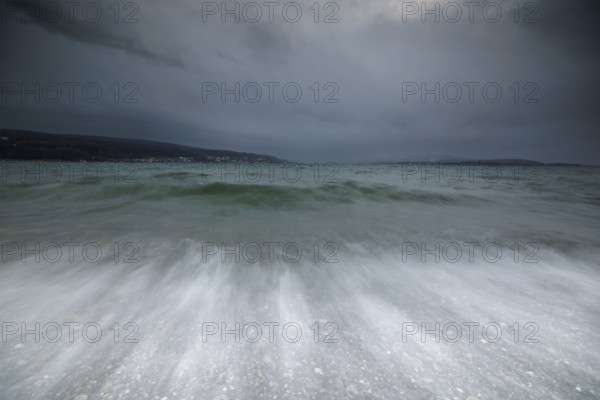 Heavy swell under a cloudy sky, harbour, Mittelzell, Reichenau, Lake Constance, Baden-Württemberg,