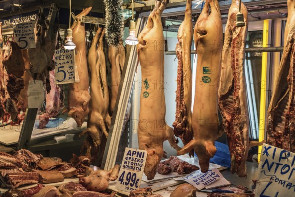Athens Old Town, Attica, Greece, 12 28 2019, Pork meat at a butchers hause in the Athens Central