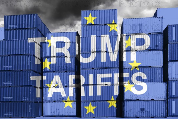 Stacked containers with EU flag and inscription Trump Tariffs, symbolic photo customs dispute and