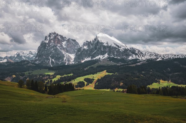 Panoramic view of the Langkofel Group from Seiser Alm in the Dolomites in South Tyrol, Italy,